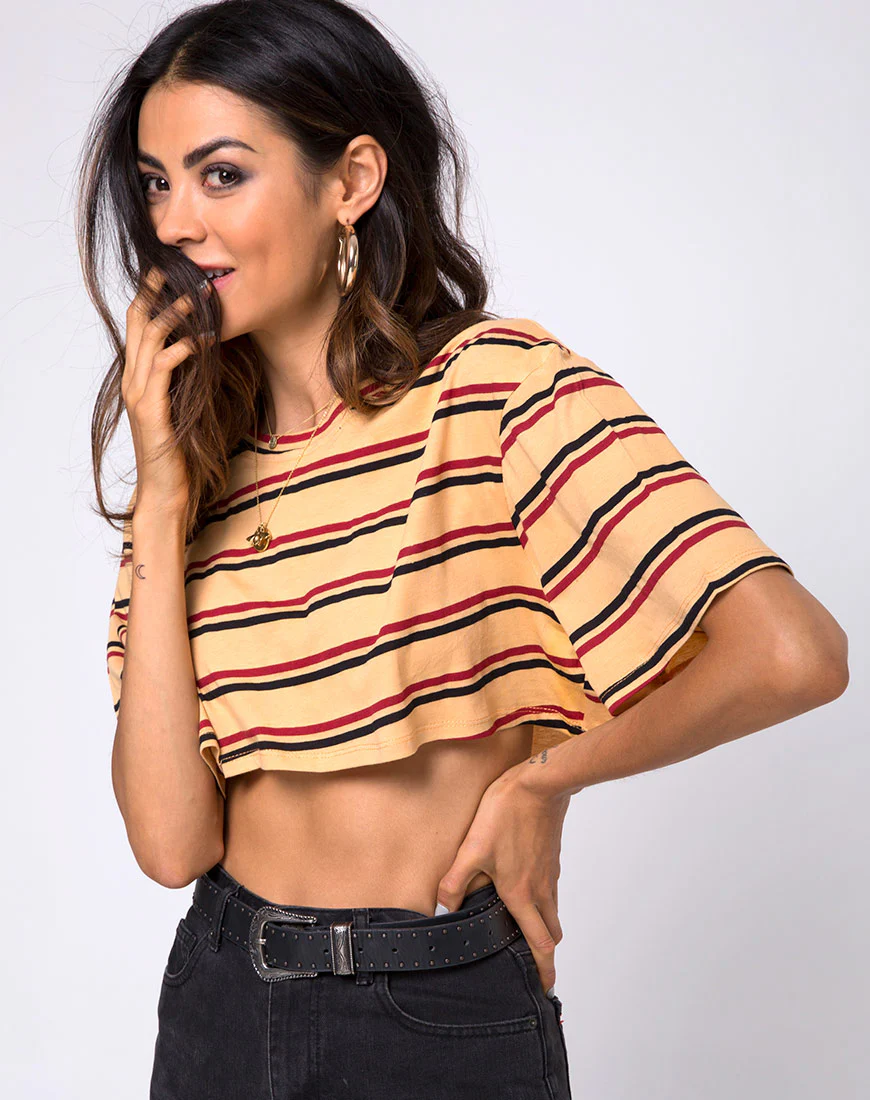 Super Cropped Tee in 70's Mustard Horizontal Stripe - Awmao