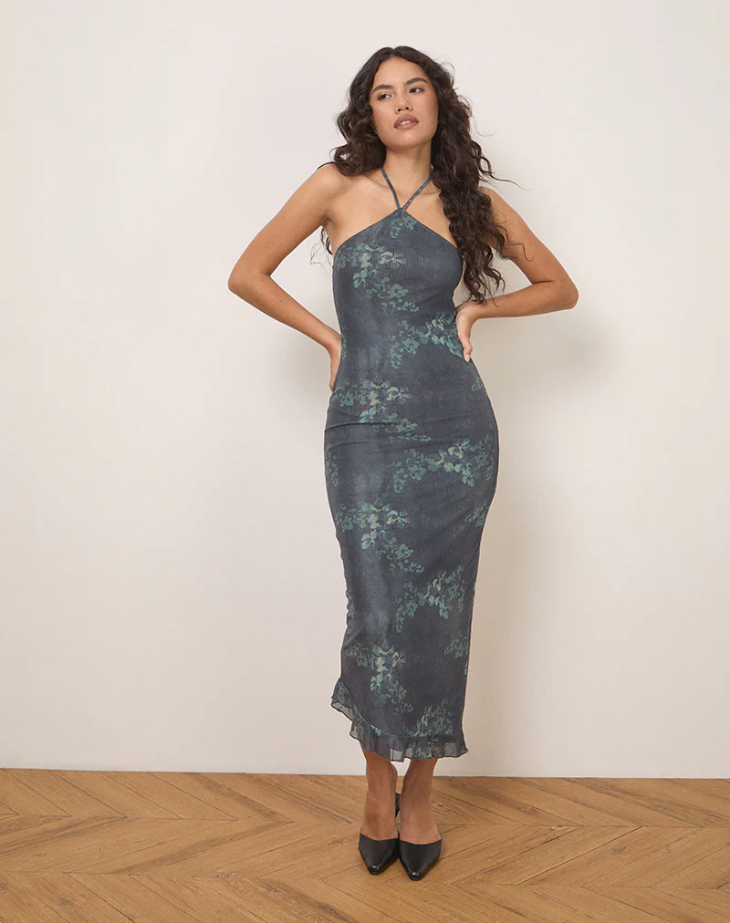 Ribka Midi Dress in Faded Botanical Green - Awmao