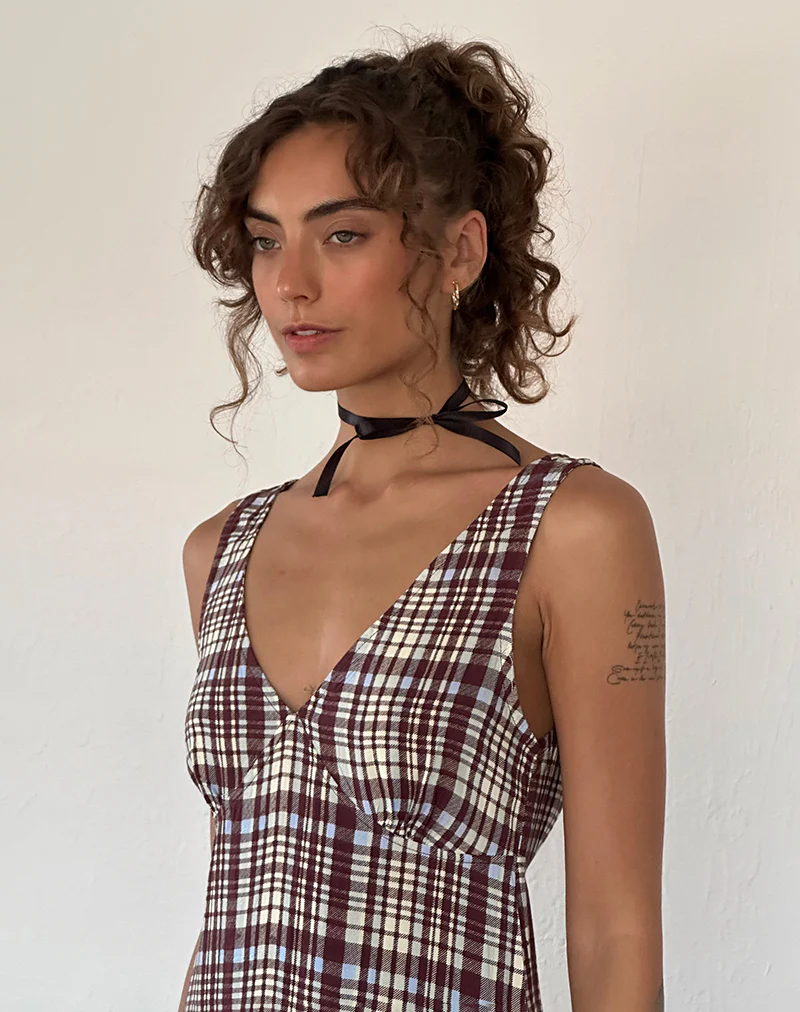 Liva Midi Dress in Multi Check Brown - Awmao