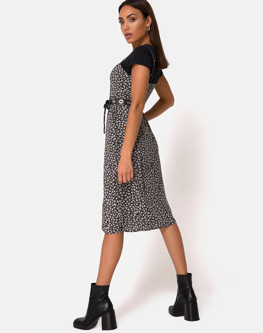 Kaoya Midi Dress in Ditsy Rose Black - Awmao