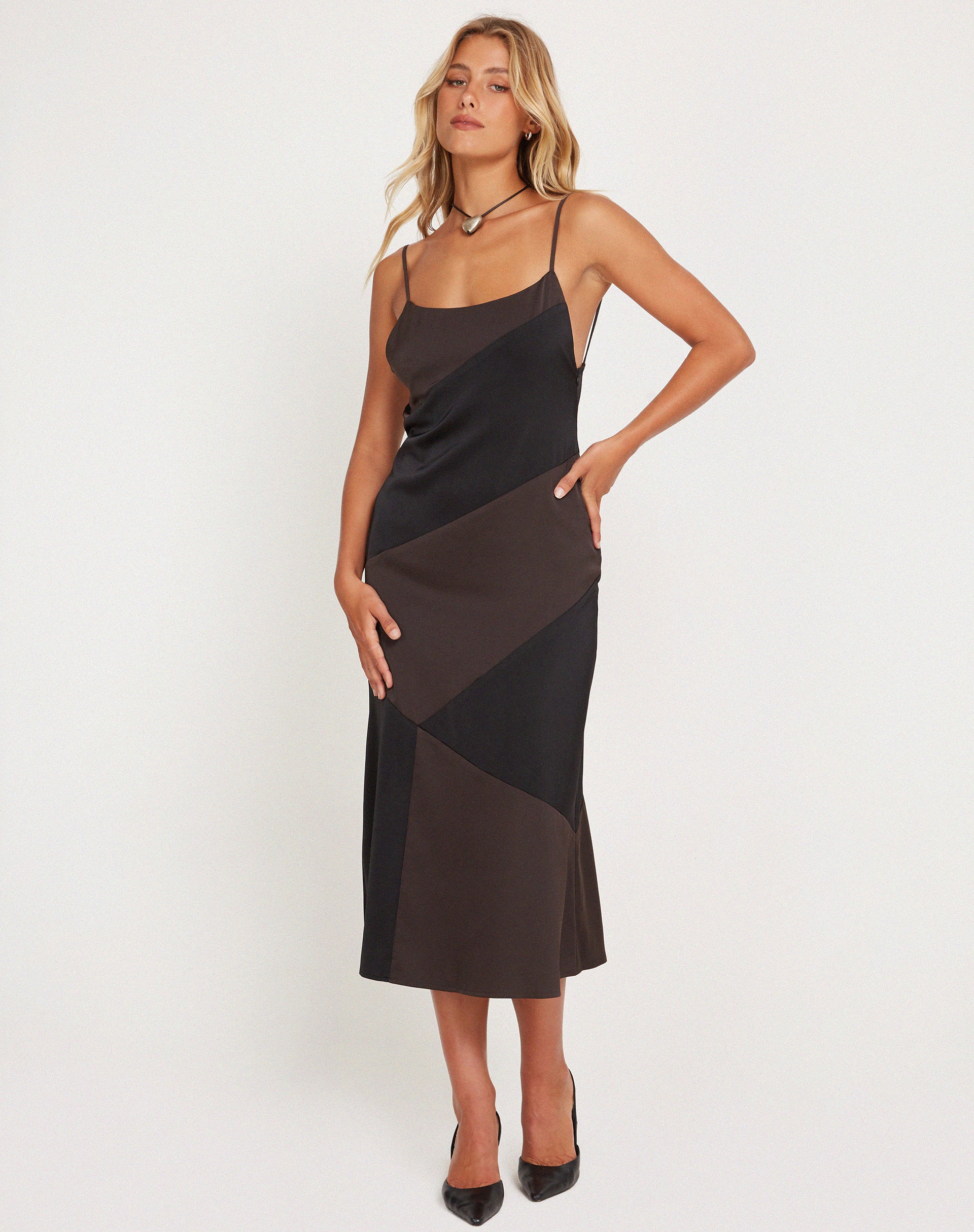 Perlita Midi Dress in Two Tone Black Satin - Awmao
