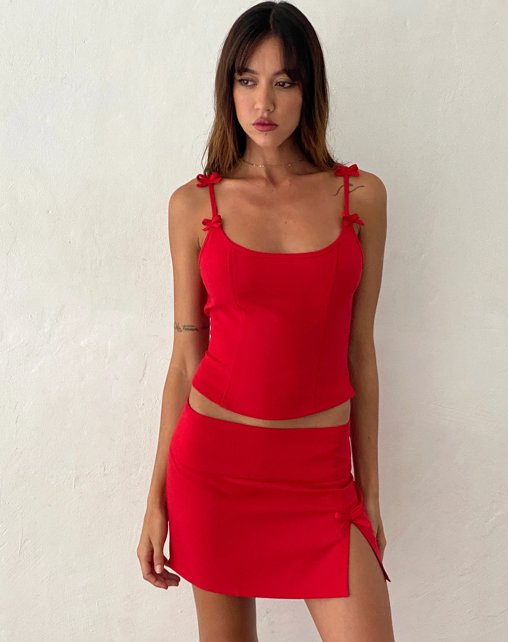 Kaida Bow Detail Corset Top in Tailoring Red - Awmao