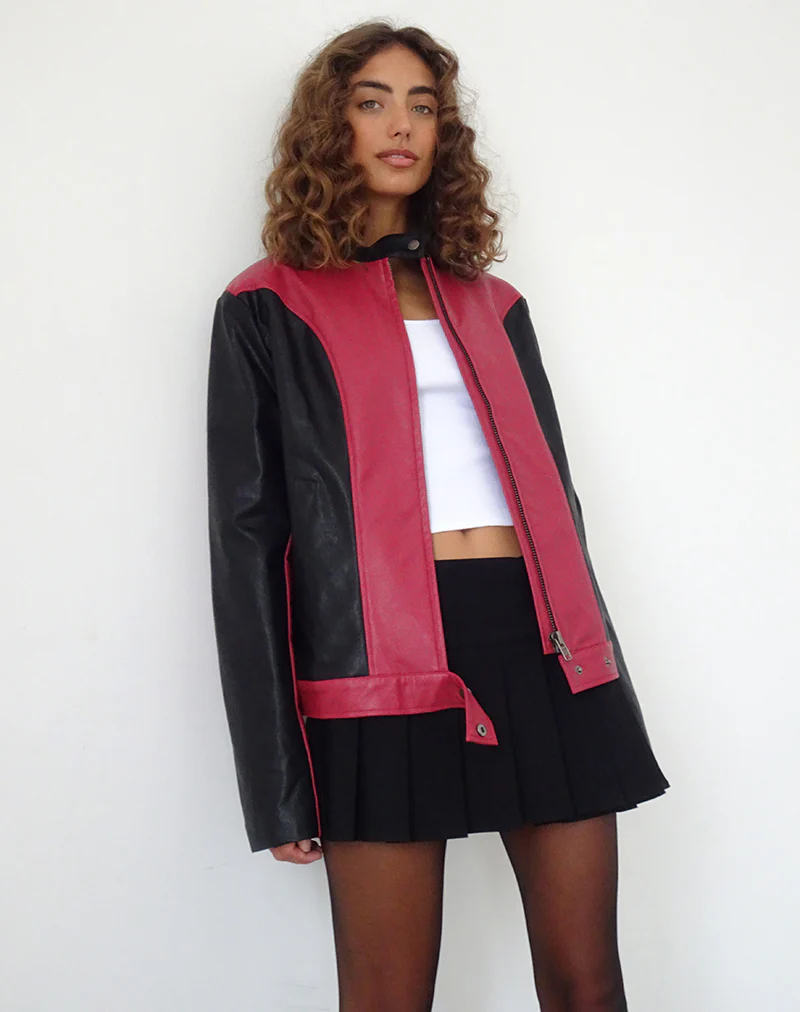 Marion PU Biker Jacket in Red with Black Panels - Awmao