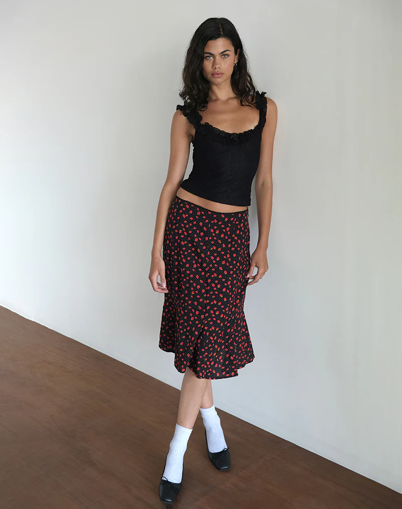 Sima Midi Skirt in Strawberry Polka Black - Awmao