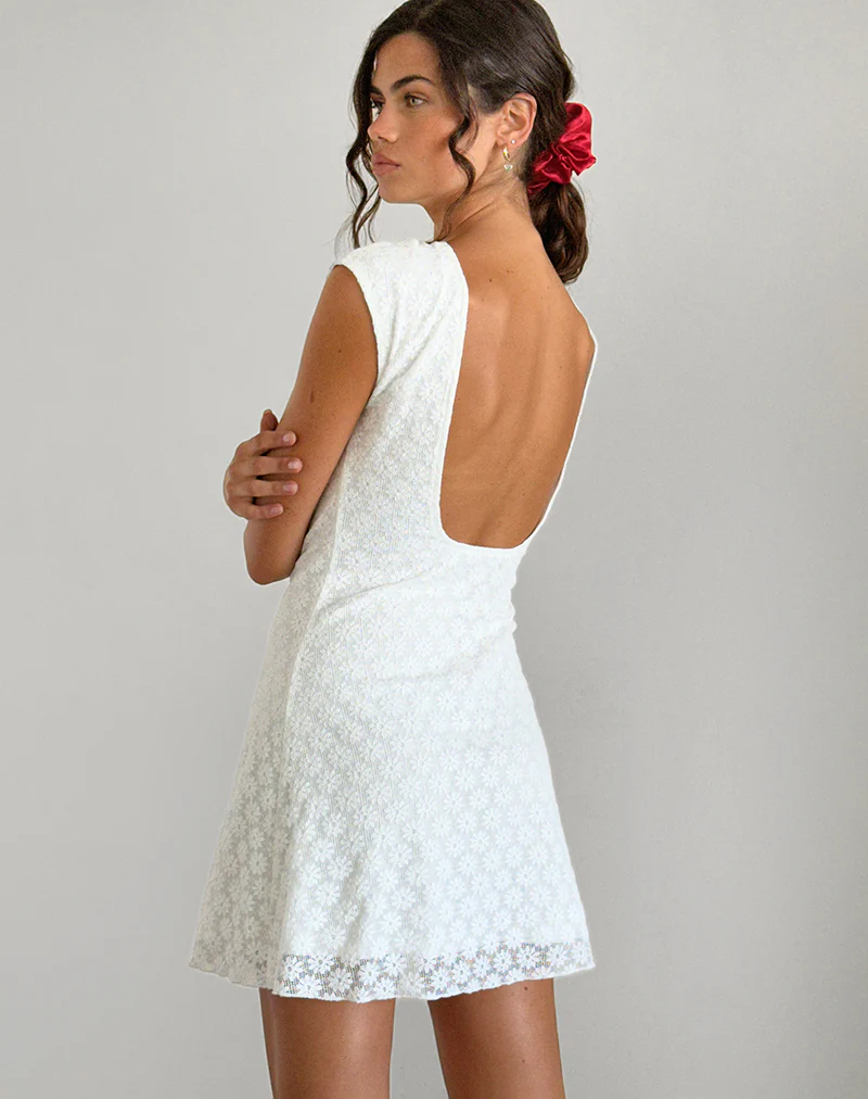Ambu Mini Dress in Floral Lace Ivory - Awmao