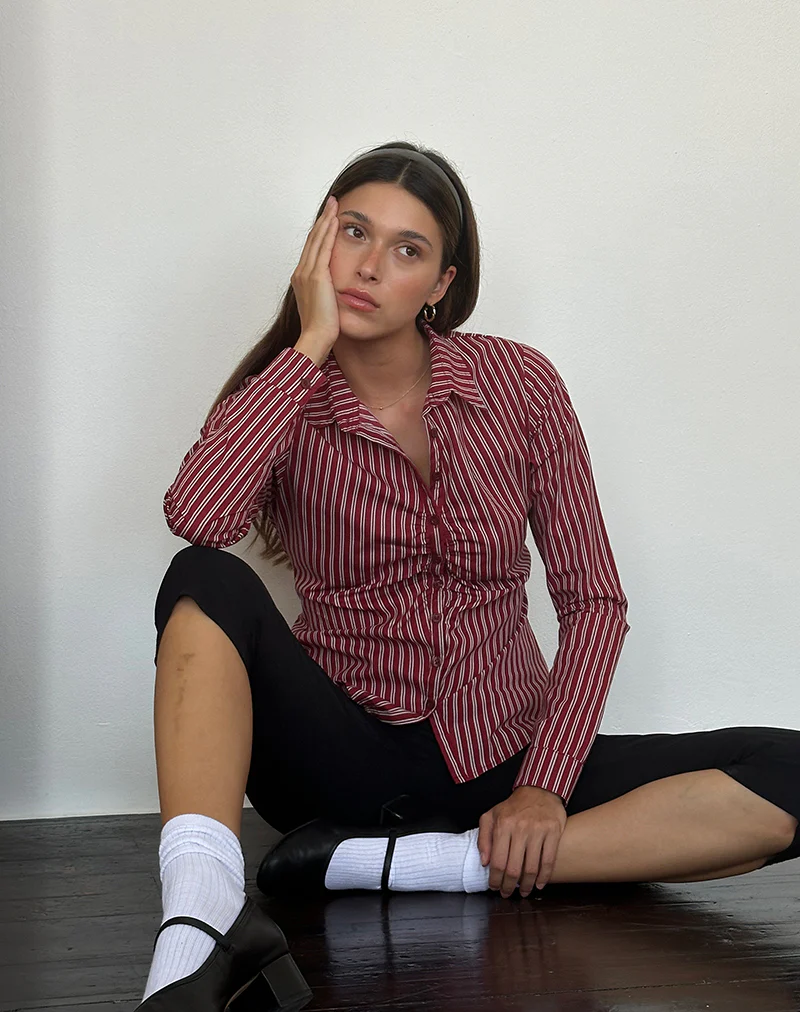 Tarsi Fitted Shirt in Maroon Stripe - Awmao