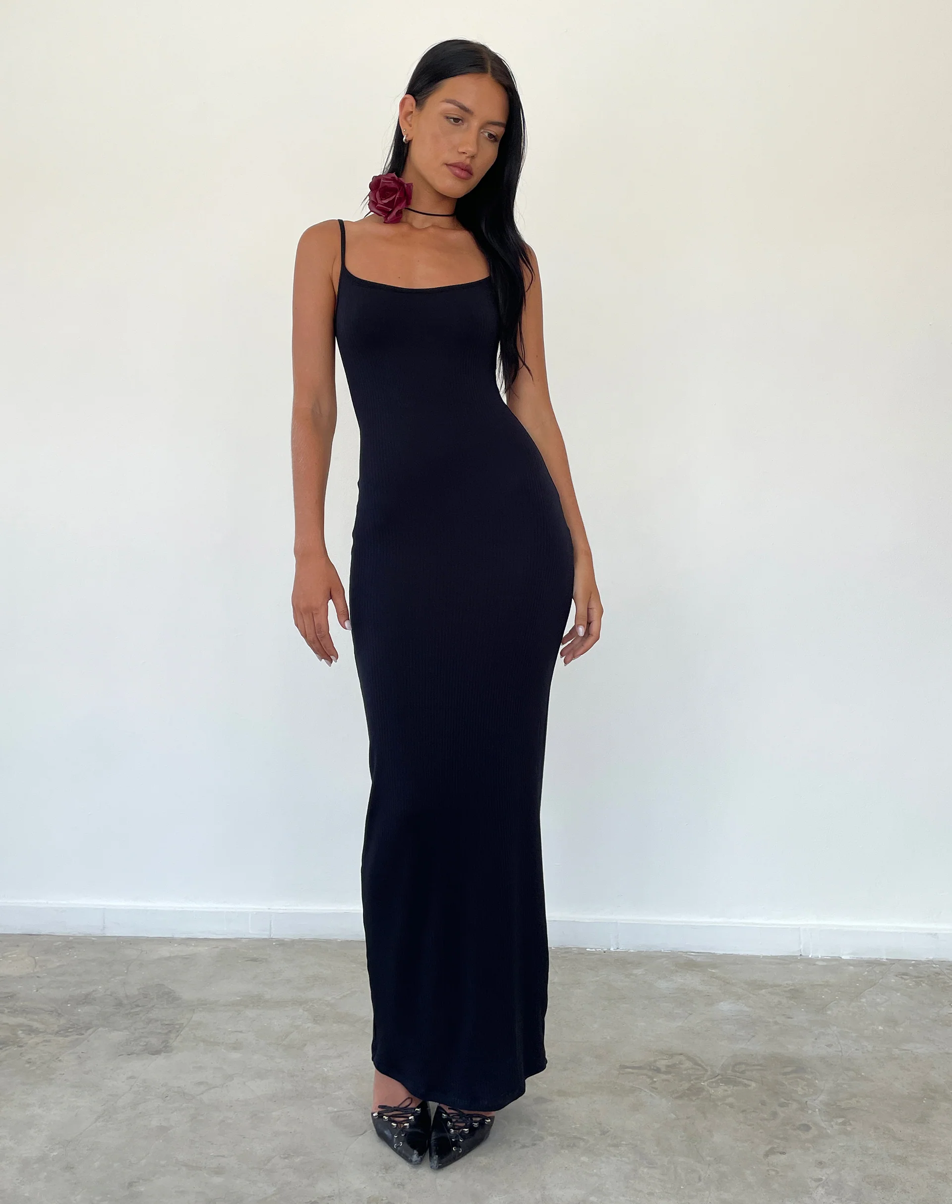 Cantha Strappy Maxi Dress in Black Rib - Awmao