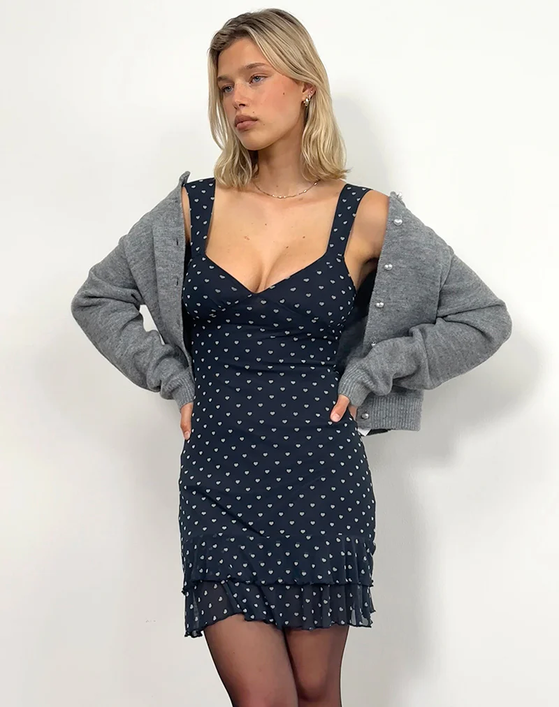 Astika Mini Dress in Heart Flock Navy Yellow - Awmao