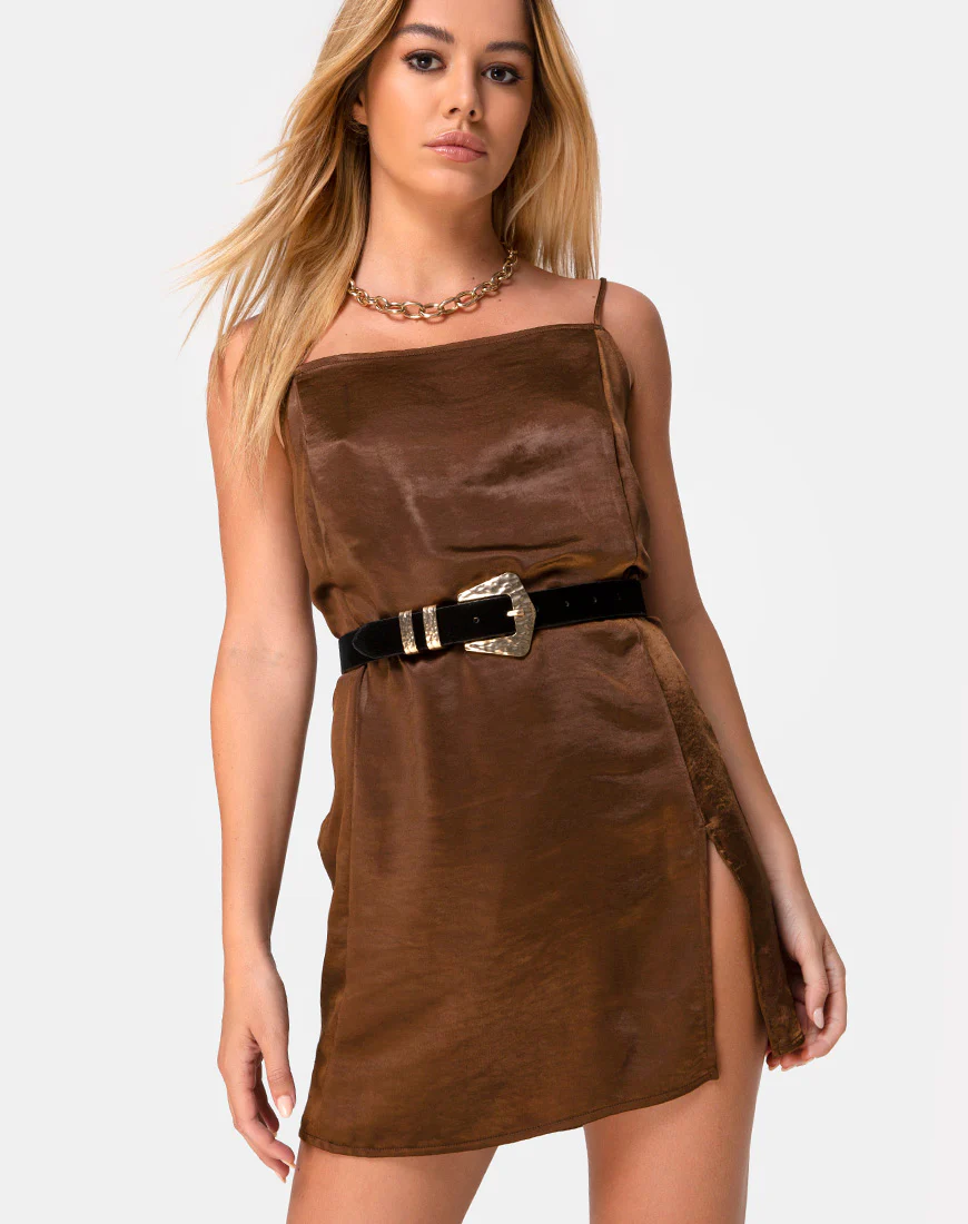 Datista Slip Dress in Satin Brown - Awmao