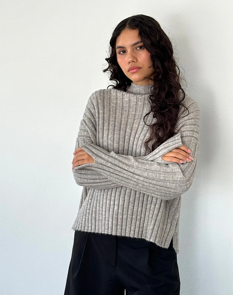 Judah Oversized Chunky Rib Knit Jumper in Light Grey - Awmao