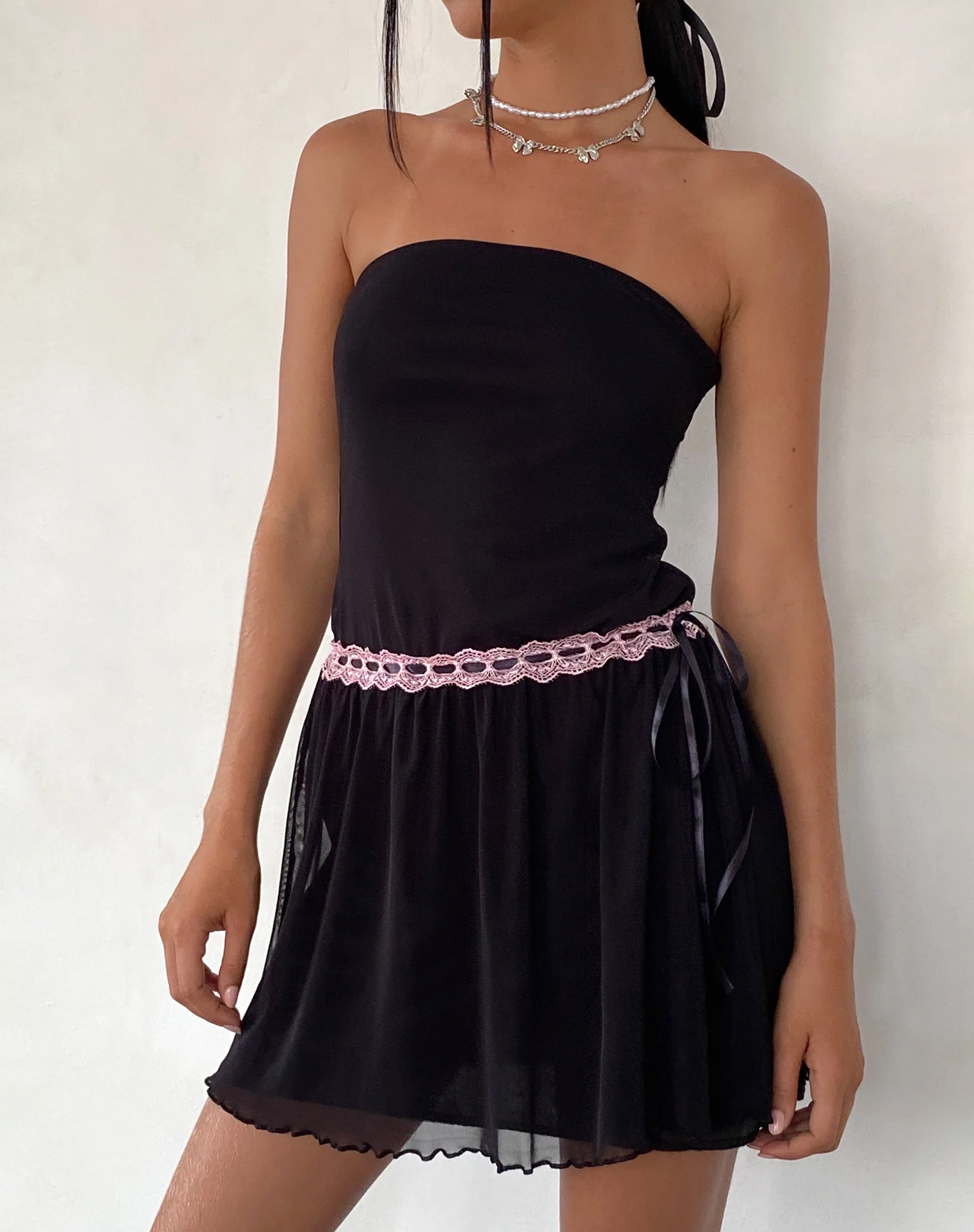 Cleodora Bandeau Mesh Mini Dress in Black with Pink Waistband - Awmao