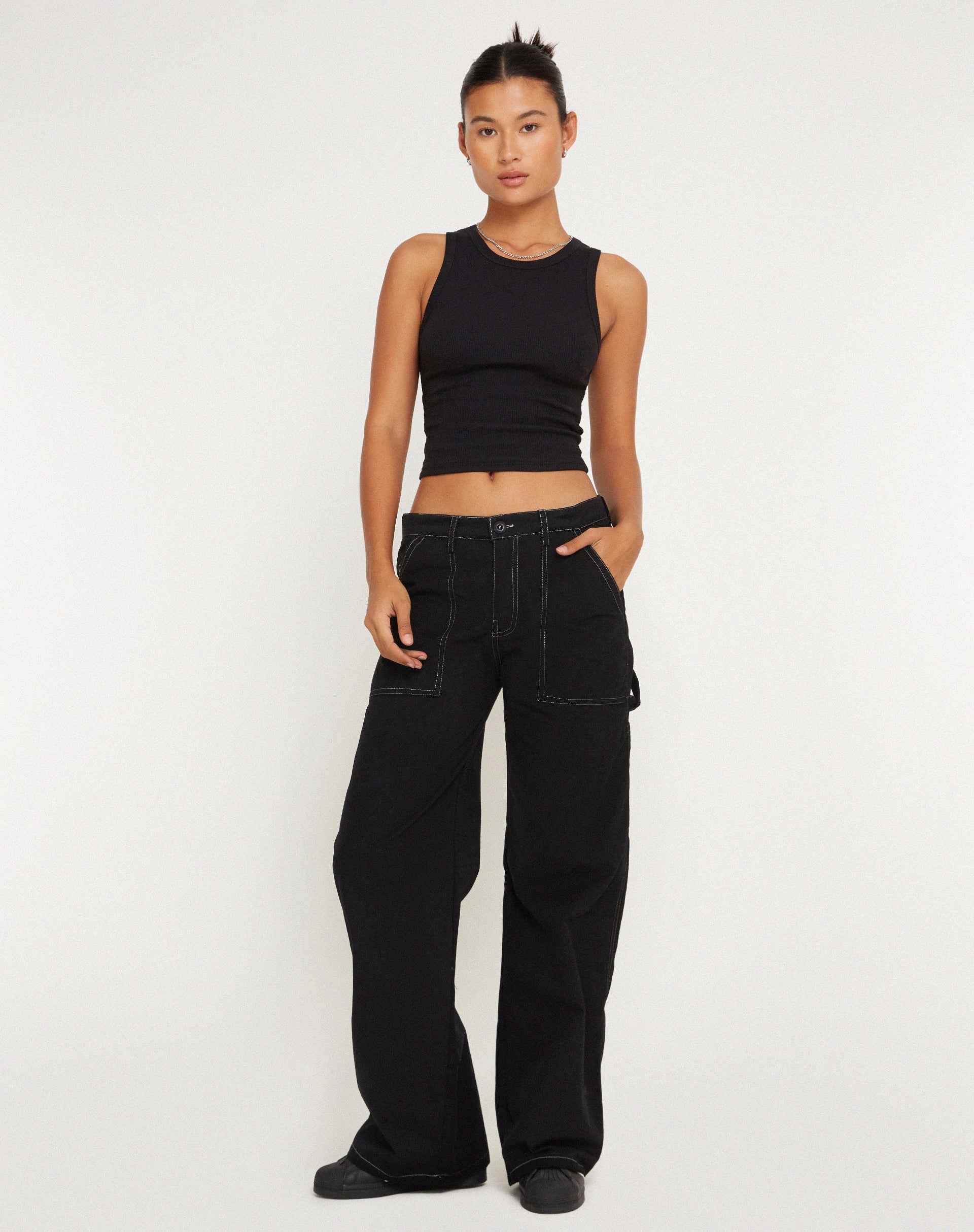 Kusnaedi Wide Leg Trouser in Black and White Top Stitch - Awmao