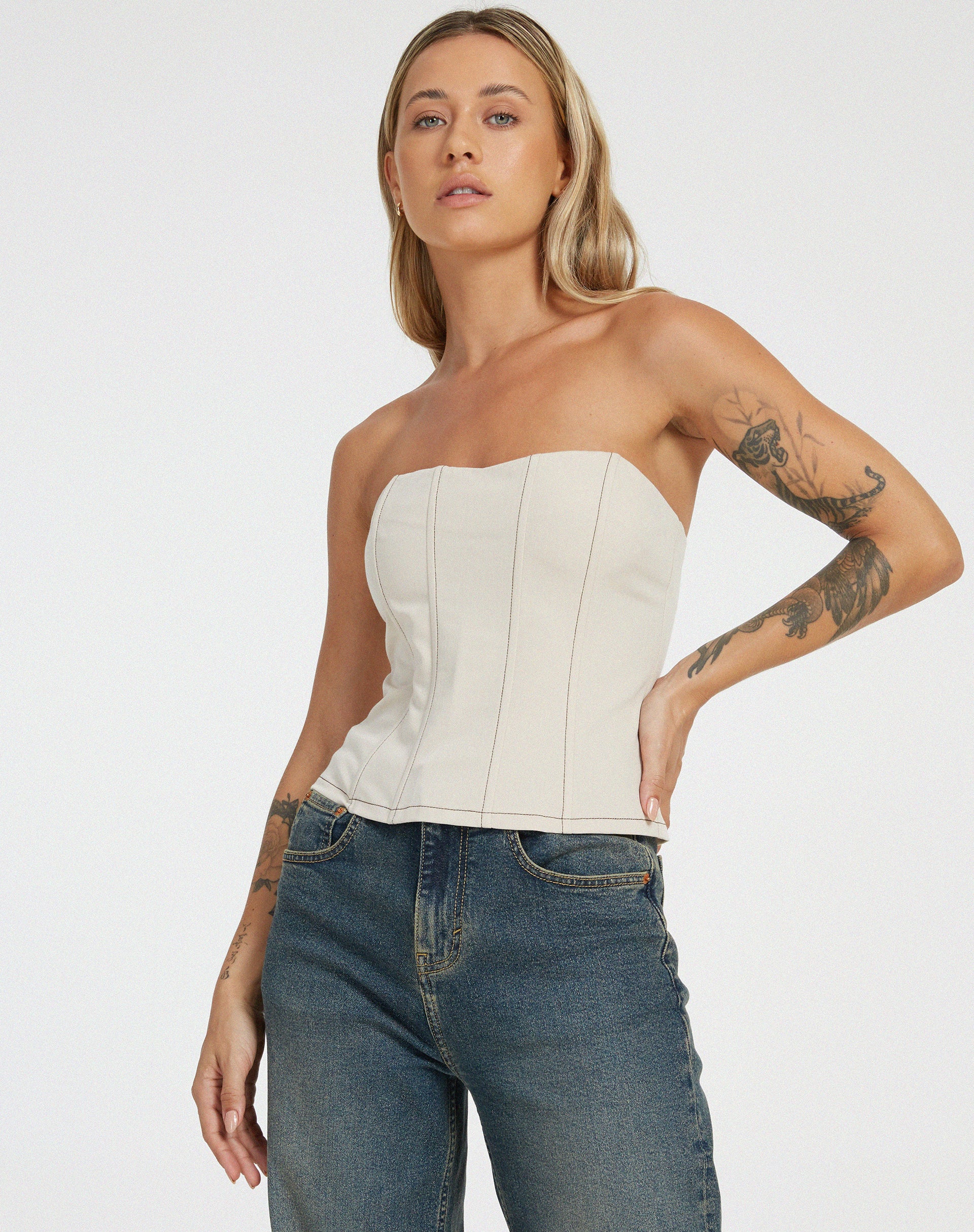 Kyana Corset in Ecru Brown Stitch - Awmao