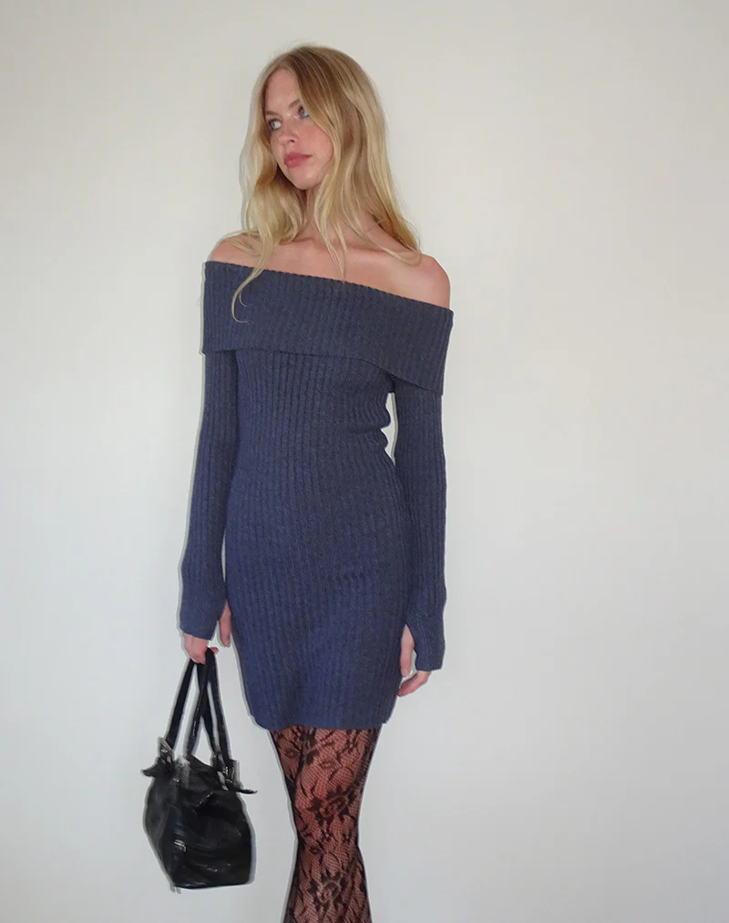 Queeva Knitted Bardot Mini Dress in Dark Charcoal - Awmao