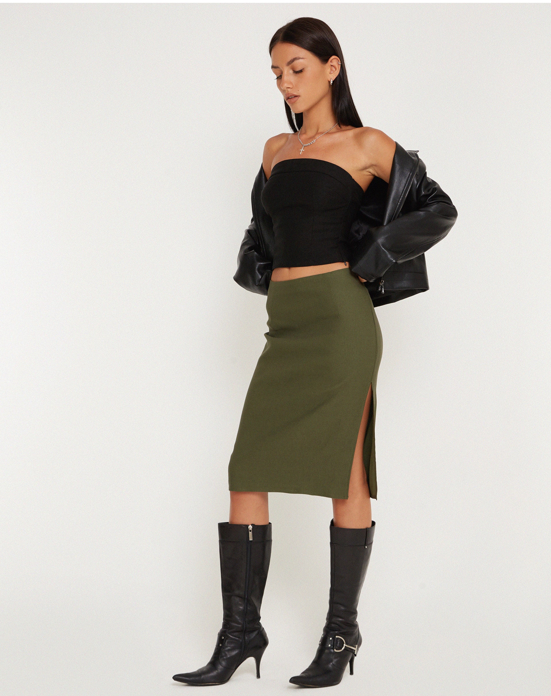 Sekoji Side Slit Midi Skirt in Khaki - Awmao