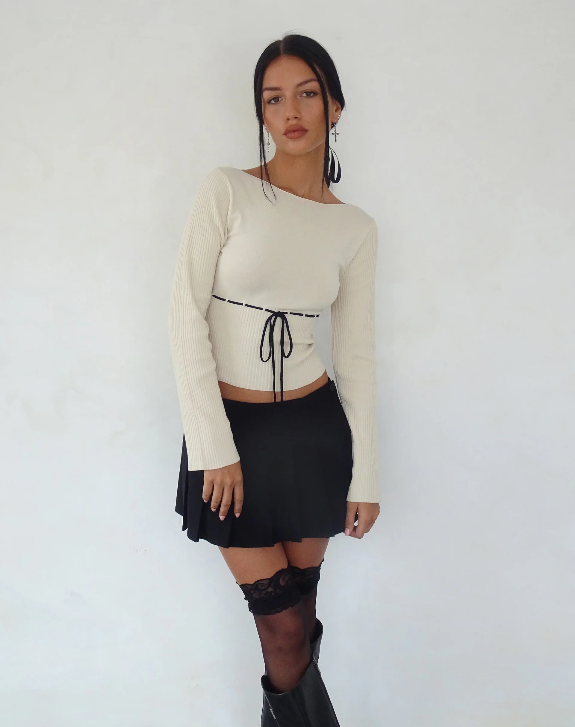 Awdella Knitted Long Sleeve Top in Beige - Awmao