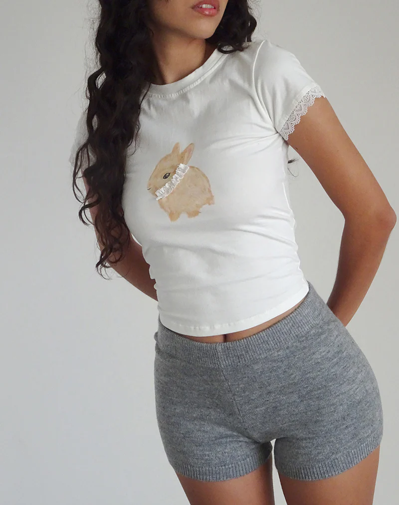 Izzy Baby Tee in Off White with Rabbit Print - Awmao