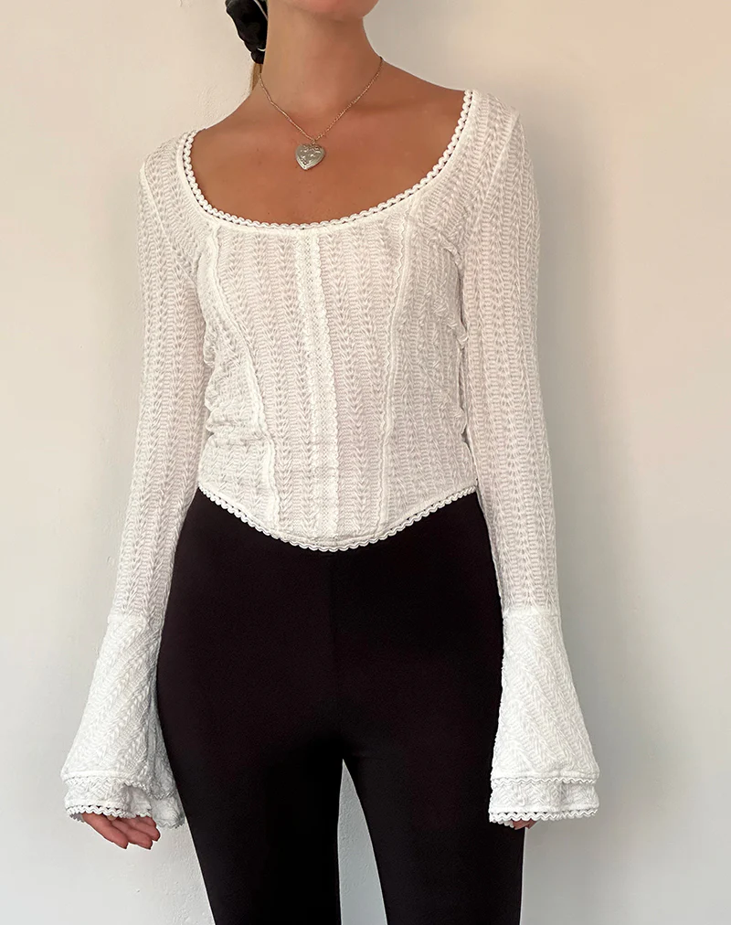 Abella Textured Flute Sleeve Top in Ivory - Awmao