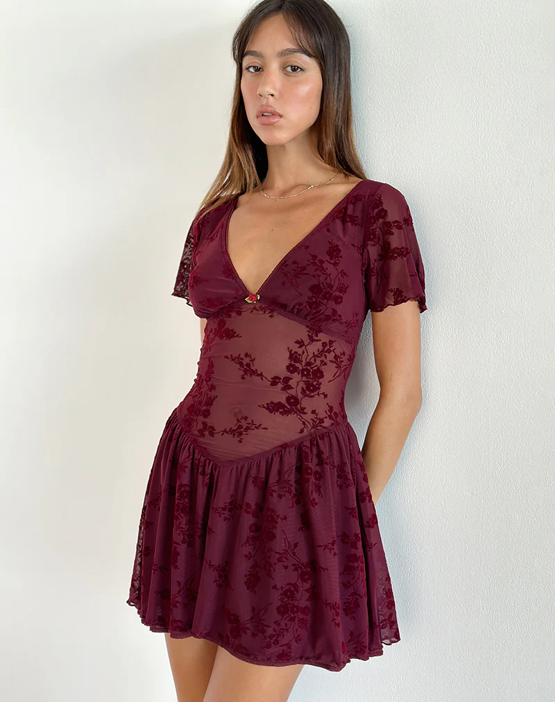 Geni Mini Dress in Botanical Flower Maroon - Awmao