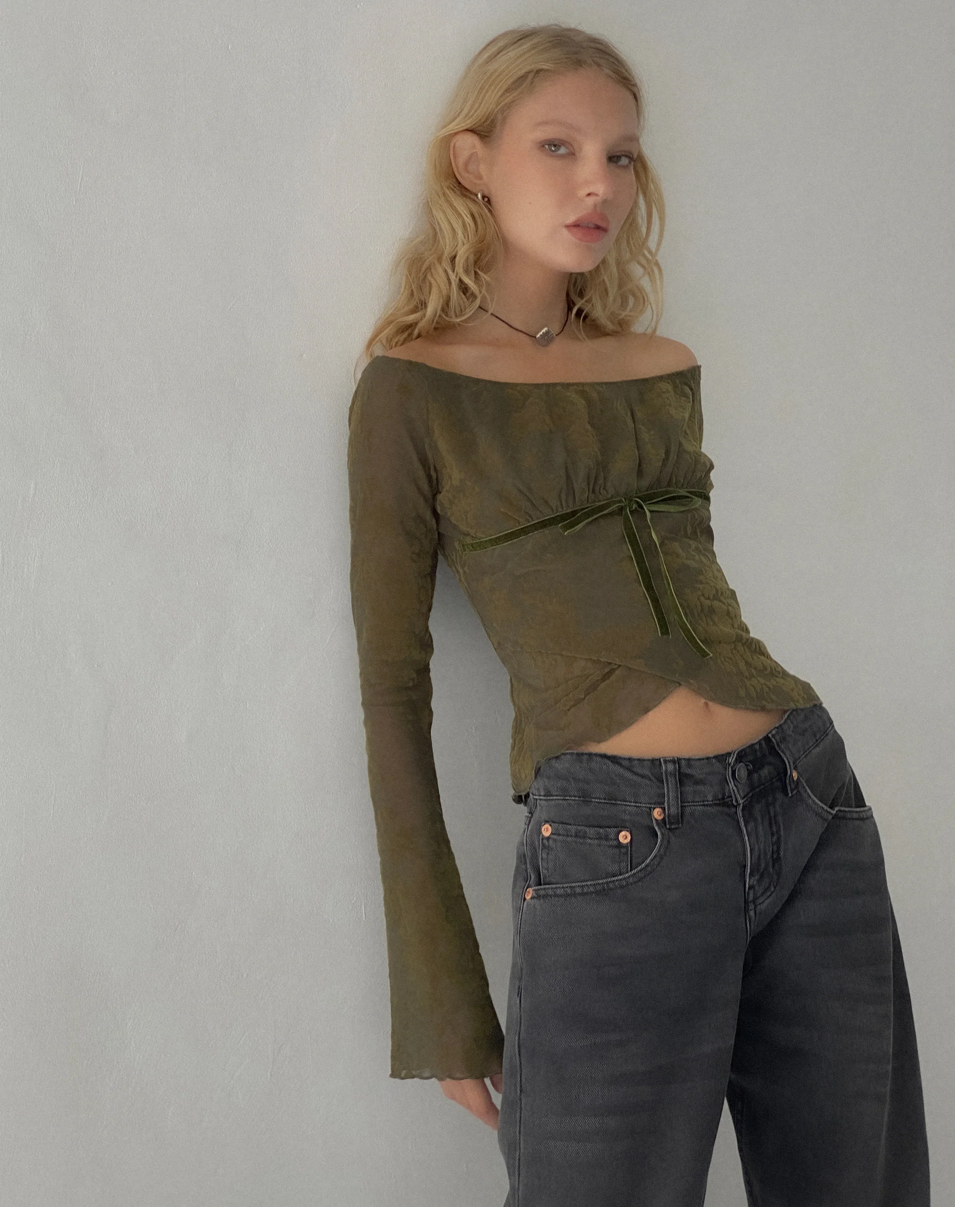 Kareena Long Sleeve Bardot Top in Abstract Botanic Dark Olive - Awmao