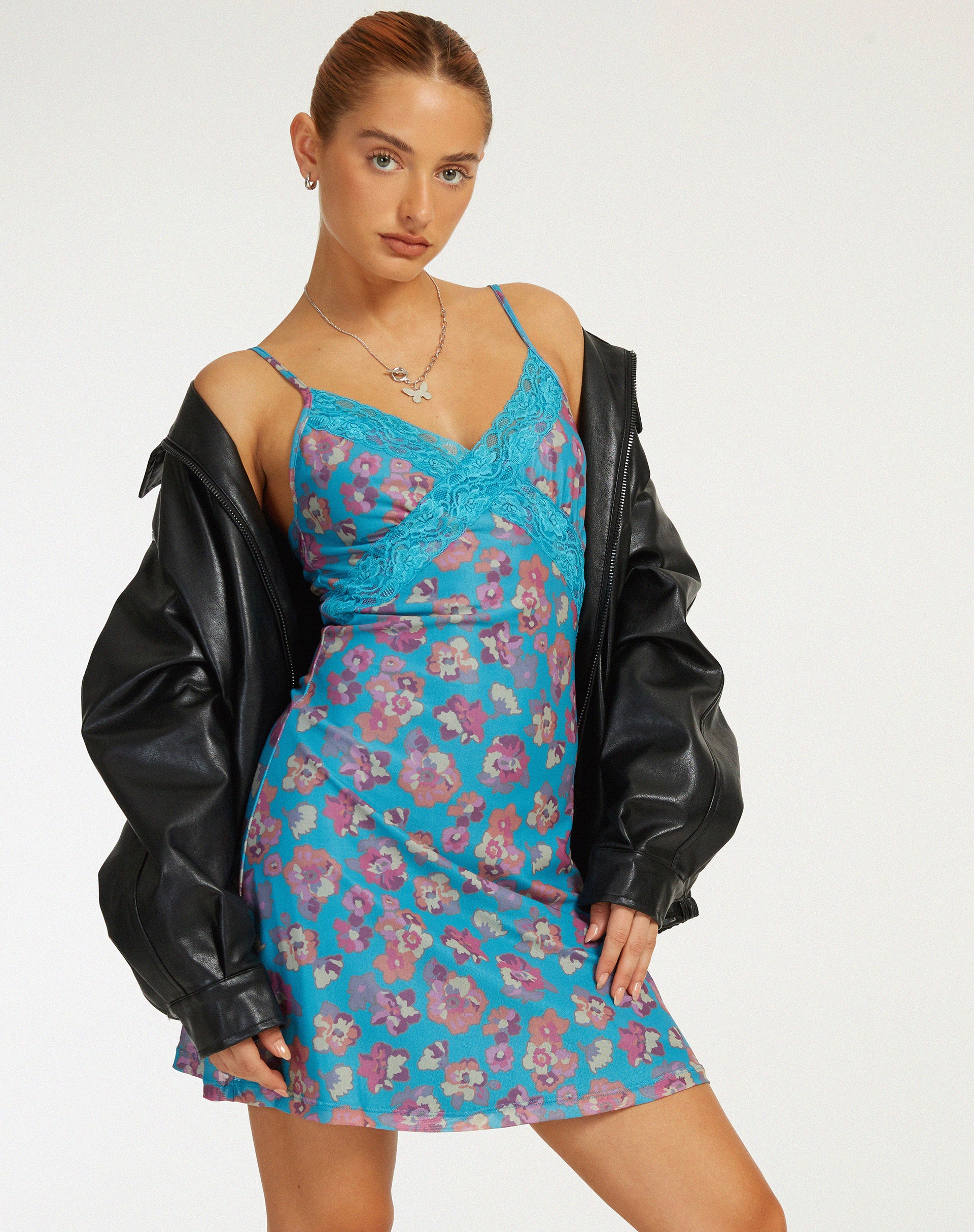 Coline Printed Mini Dress in Contrast Floral Blue - Awmao
