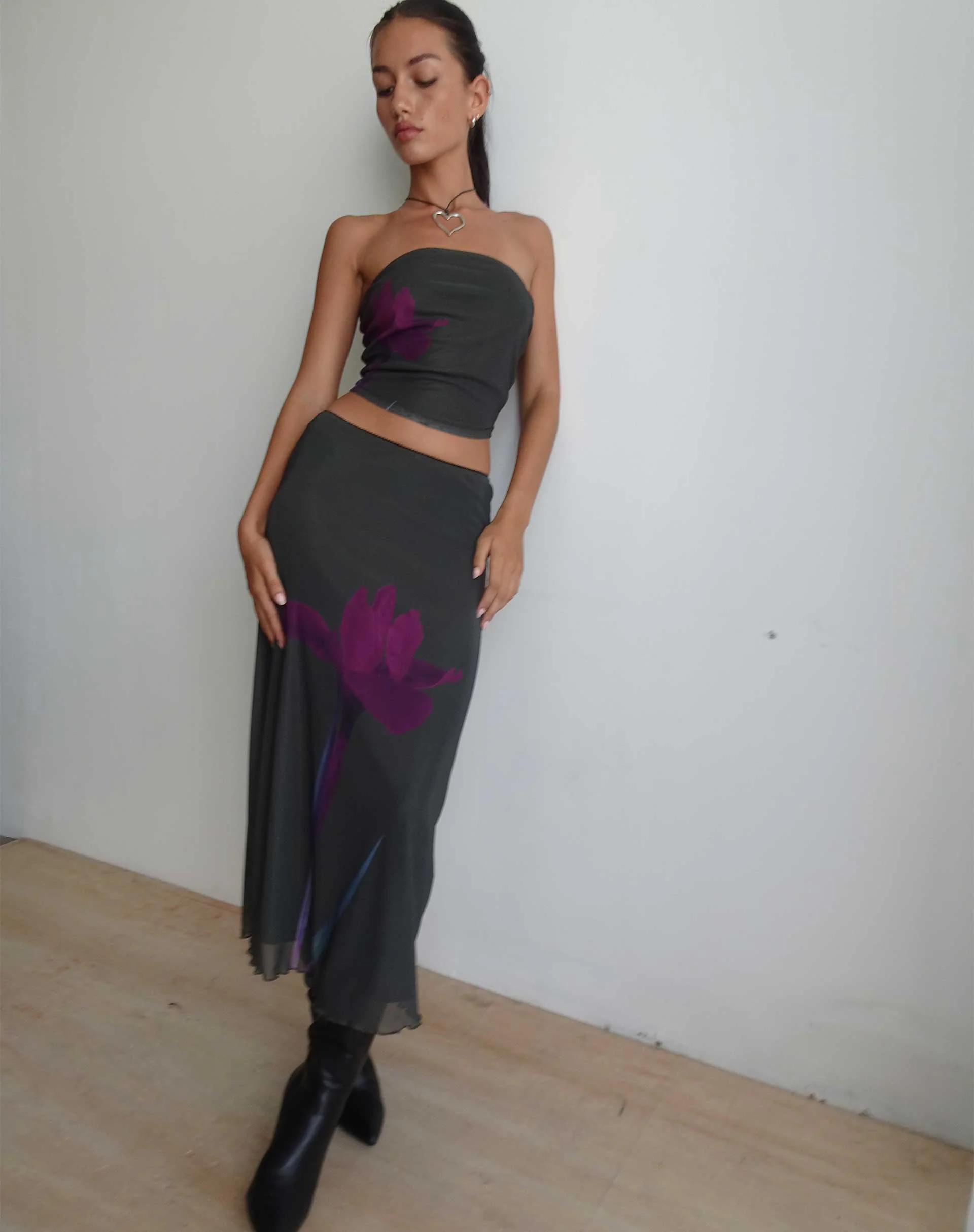Lassie Maxi Skirt in Green with Purple Flower Print - Awmao