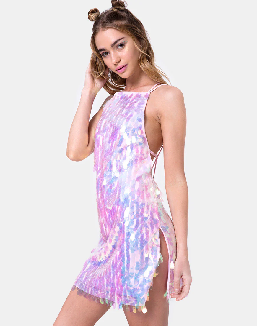 Colete Slip Dress in Opal Unicorn Sequin Pink - Awmao
