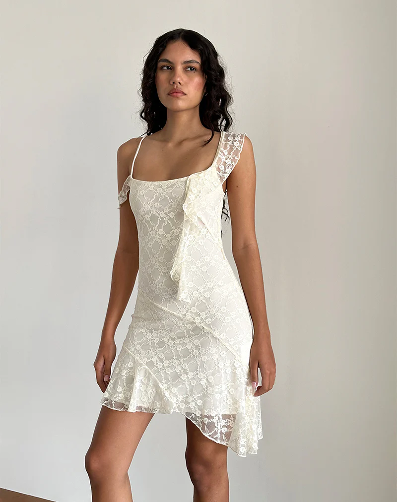 Jati Mini Dress in Off White Canina Rose Lace - Awmao