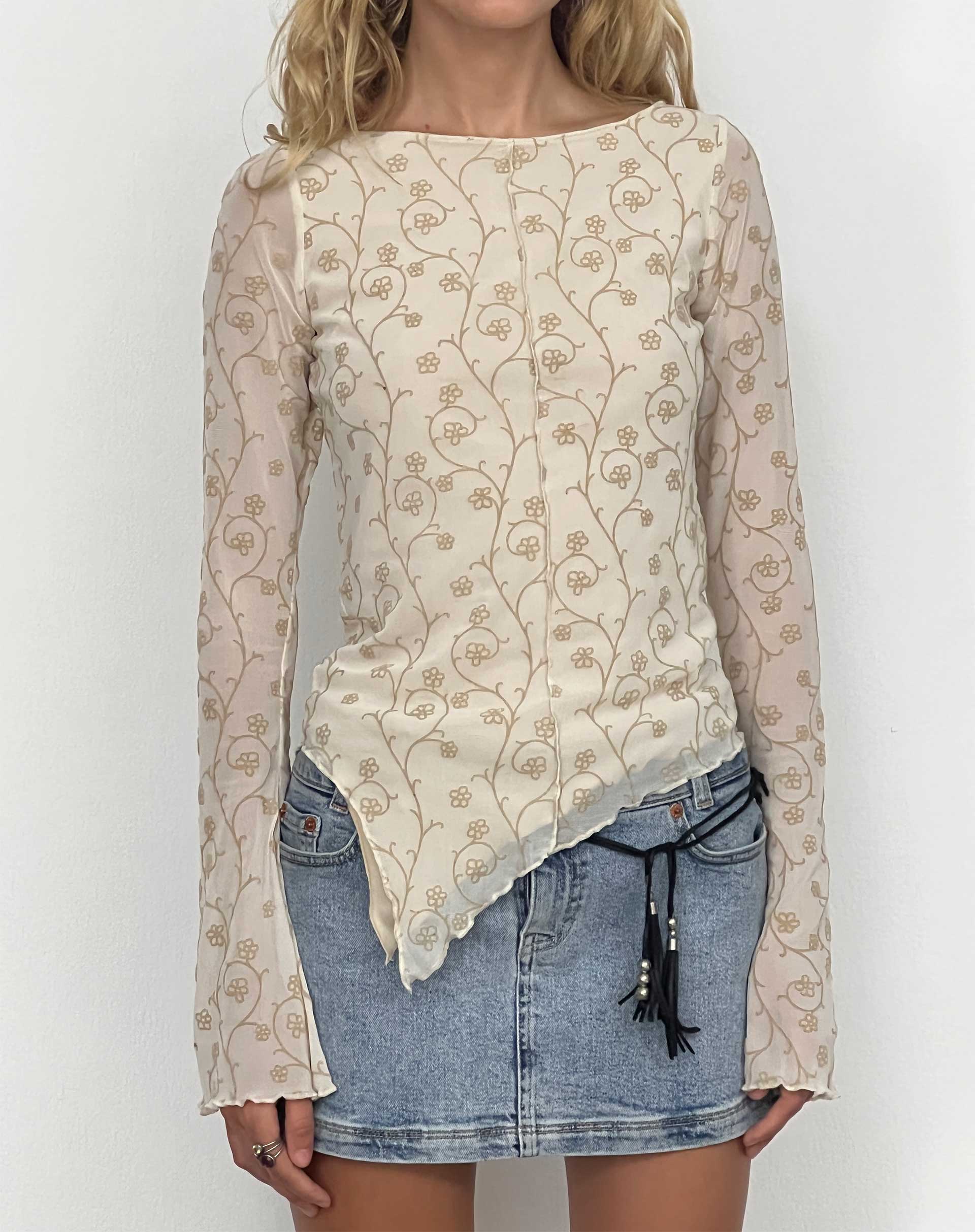 Zest Mesh Long Sleeve Top in Beige with Light Tan Flock - Awmao