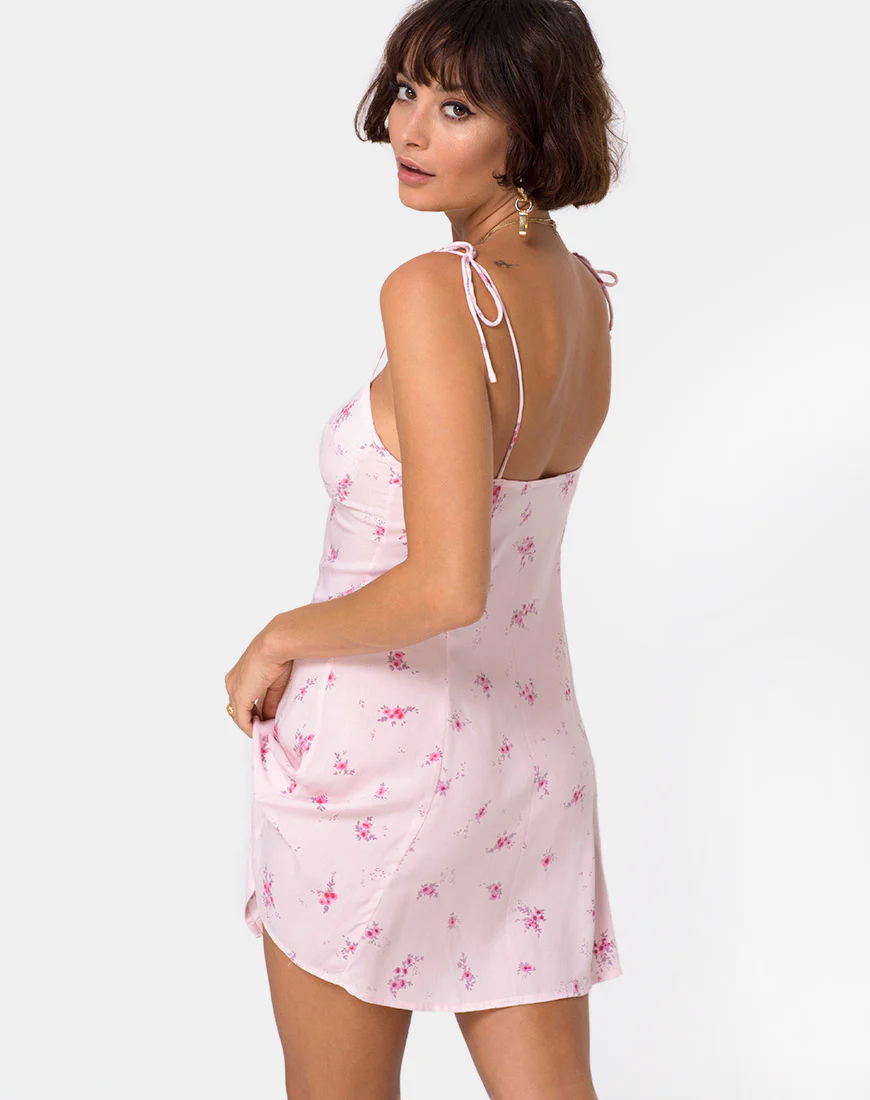 Gethy Slip Dress in Forget Me Not Floral Pink - Awmao