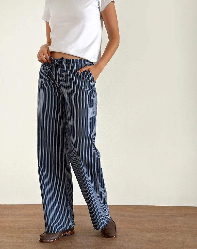Lirura Wide Leg Trousers in Indigo Stripe Dark Blue - Awmao