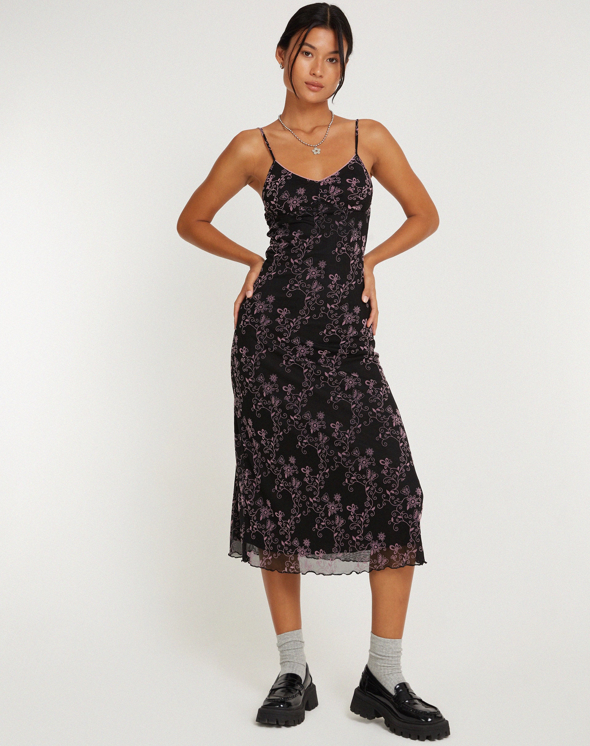 Cotina Midi Dress in Butterfly Vine Flock Black and Pink - Awmao