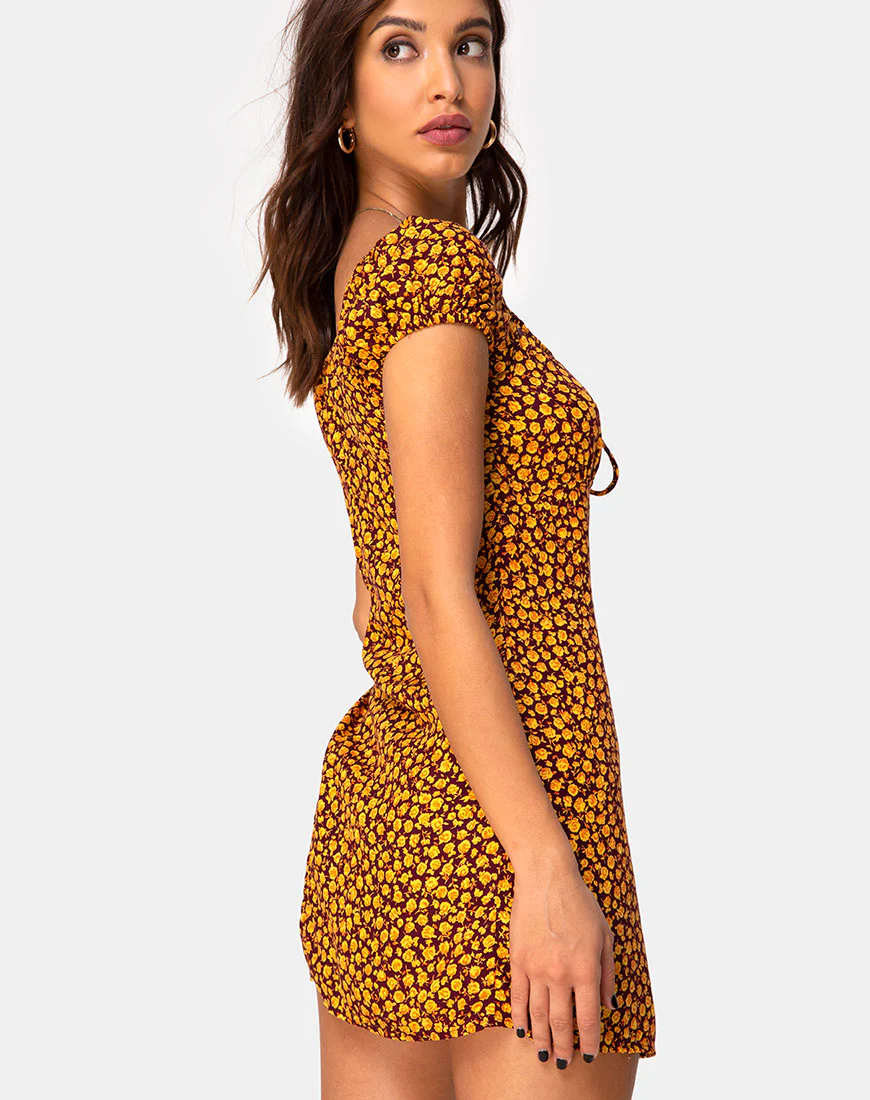 Gaval Mini Dress in Ditsy Rose Marigold - Awmao