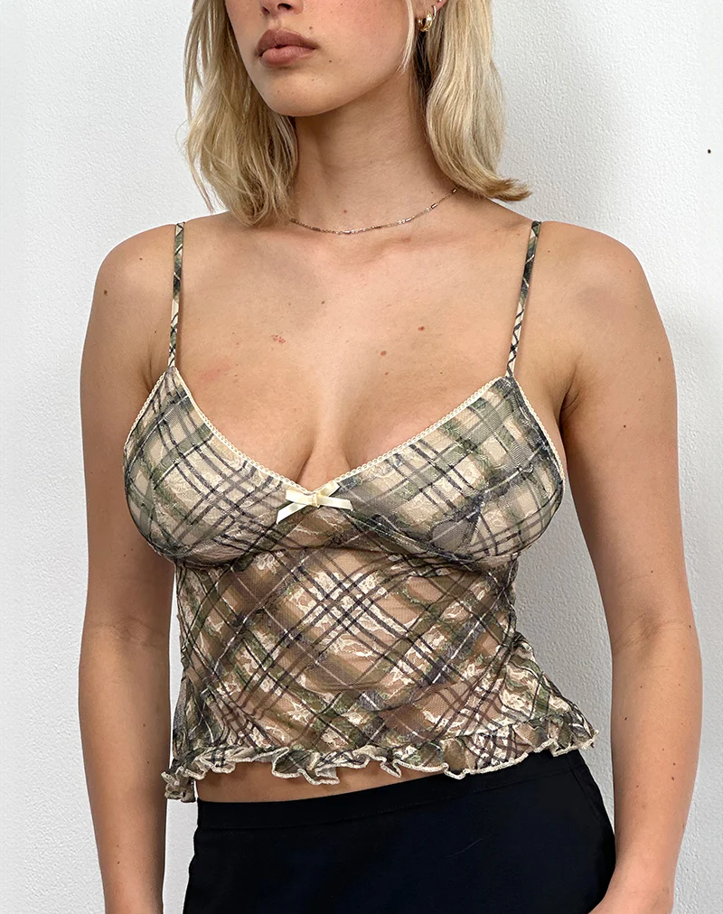 Rumaysa Cami Top in Printed Lace Retro Plaid - Awmao