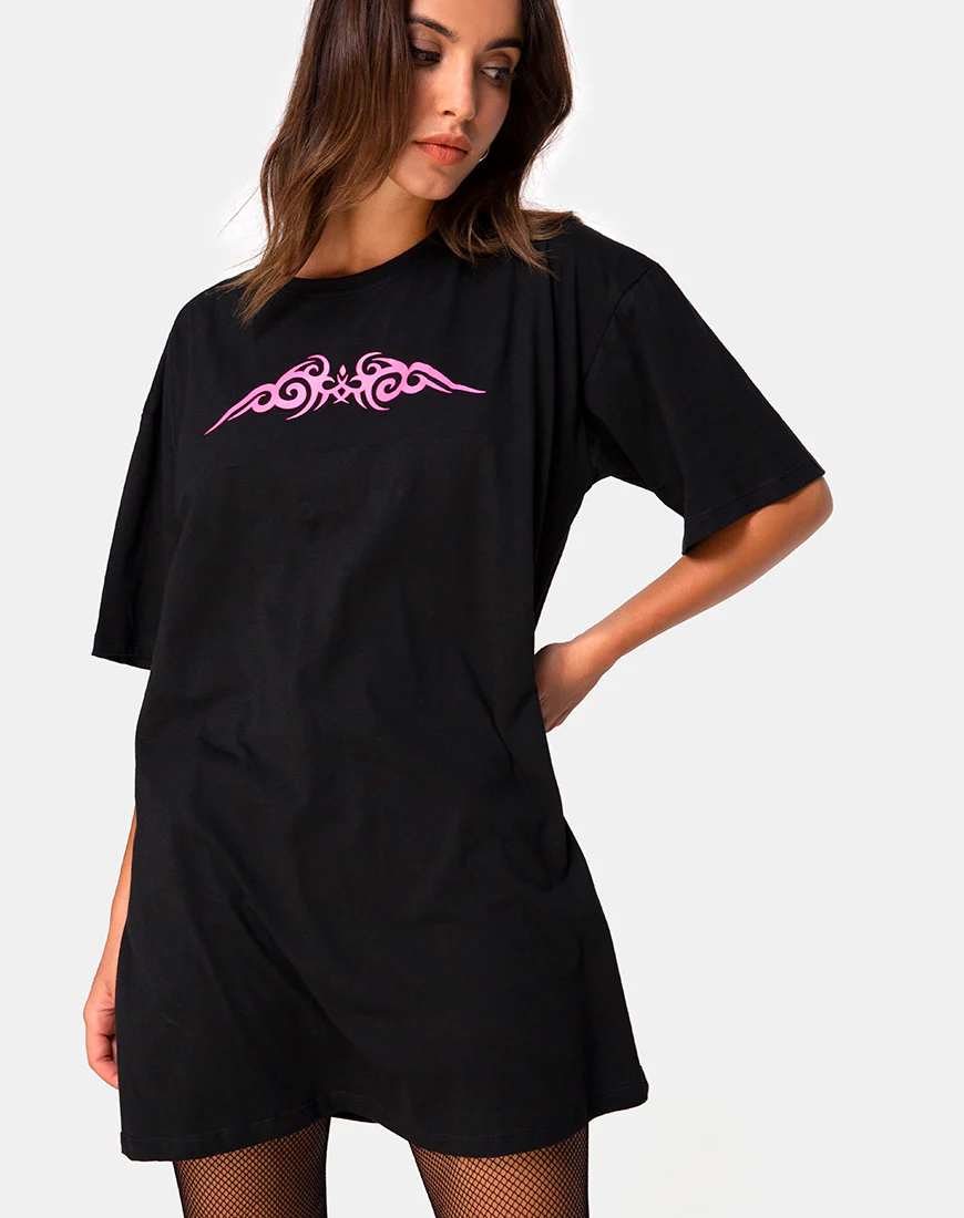 Sunny Kiss Oversize Tee in Black with Pink Tribal - Awmao
