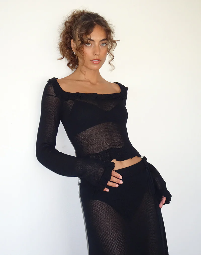 Ayako Frill Fine Knit Top in Black - Awmao