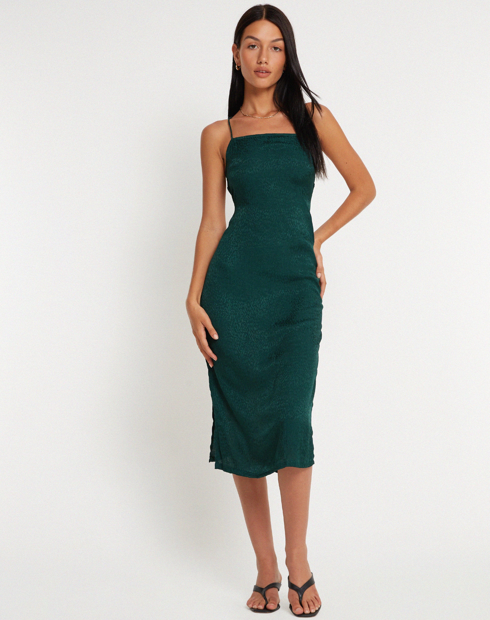 Nosita Midi Dress in Satin Cheetah Forest Green - Awmao