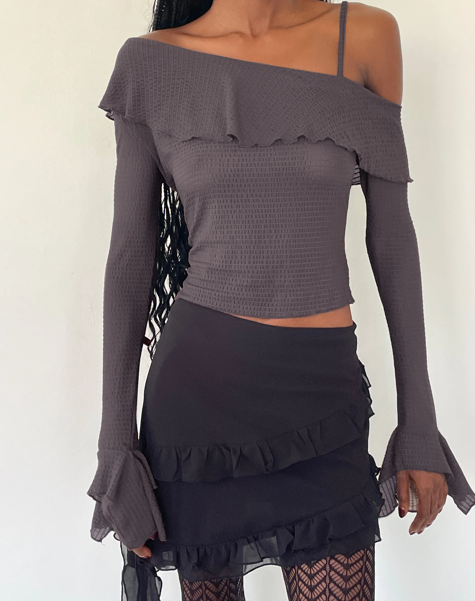 Viserra Asymmetric Long Sleeve Top in Bubble Mesh Brown - Awmao