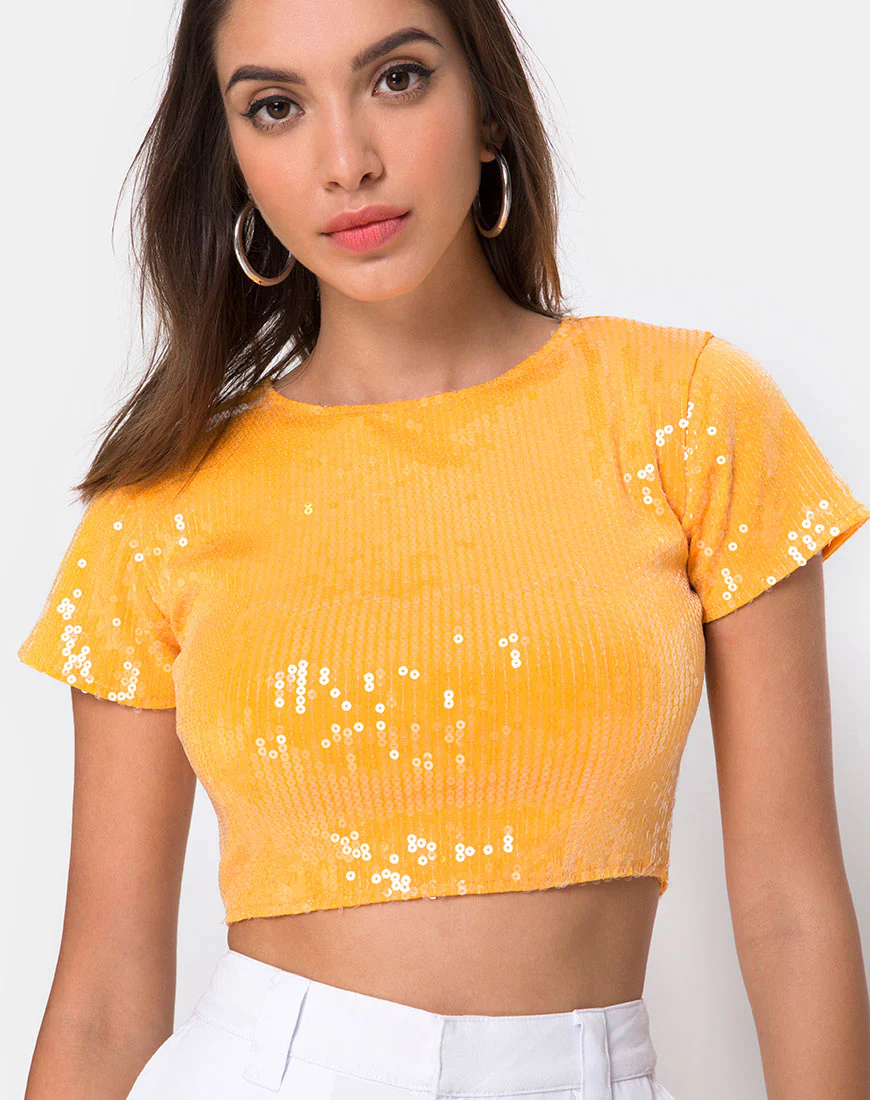 Tindy Crop Top in Tangerine with Clear Sequin - Awmao