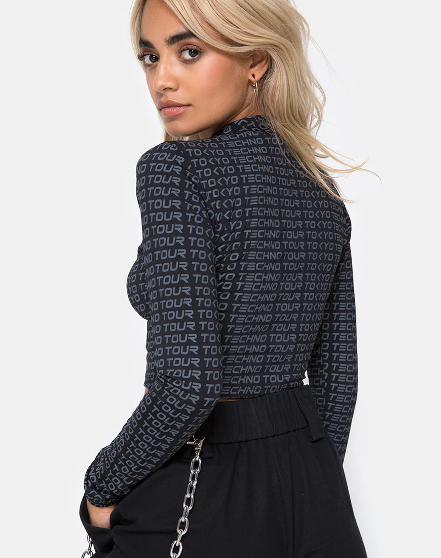 Rhala Crop Top in Tokyo Techno Tour Black - Awmao