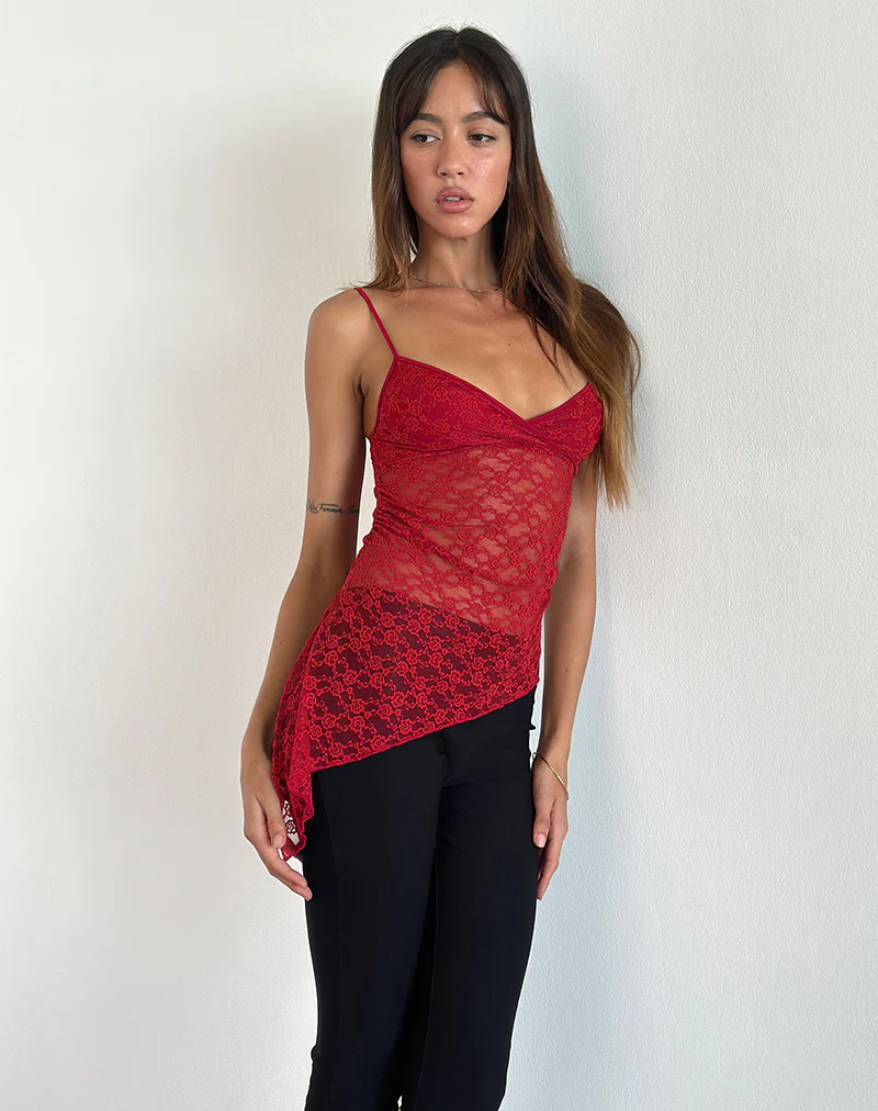 Kacha Asymmetric Cami Top in Red Mari Lace - Awmao
