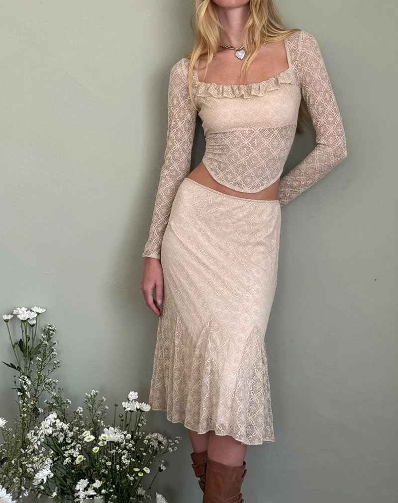 Betharia Frill Detail Midi Skirt in Nude Lace - Awmao