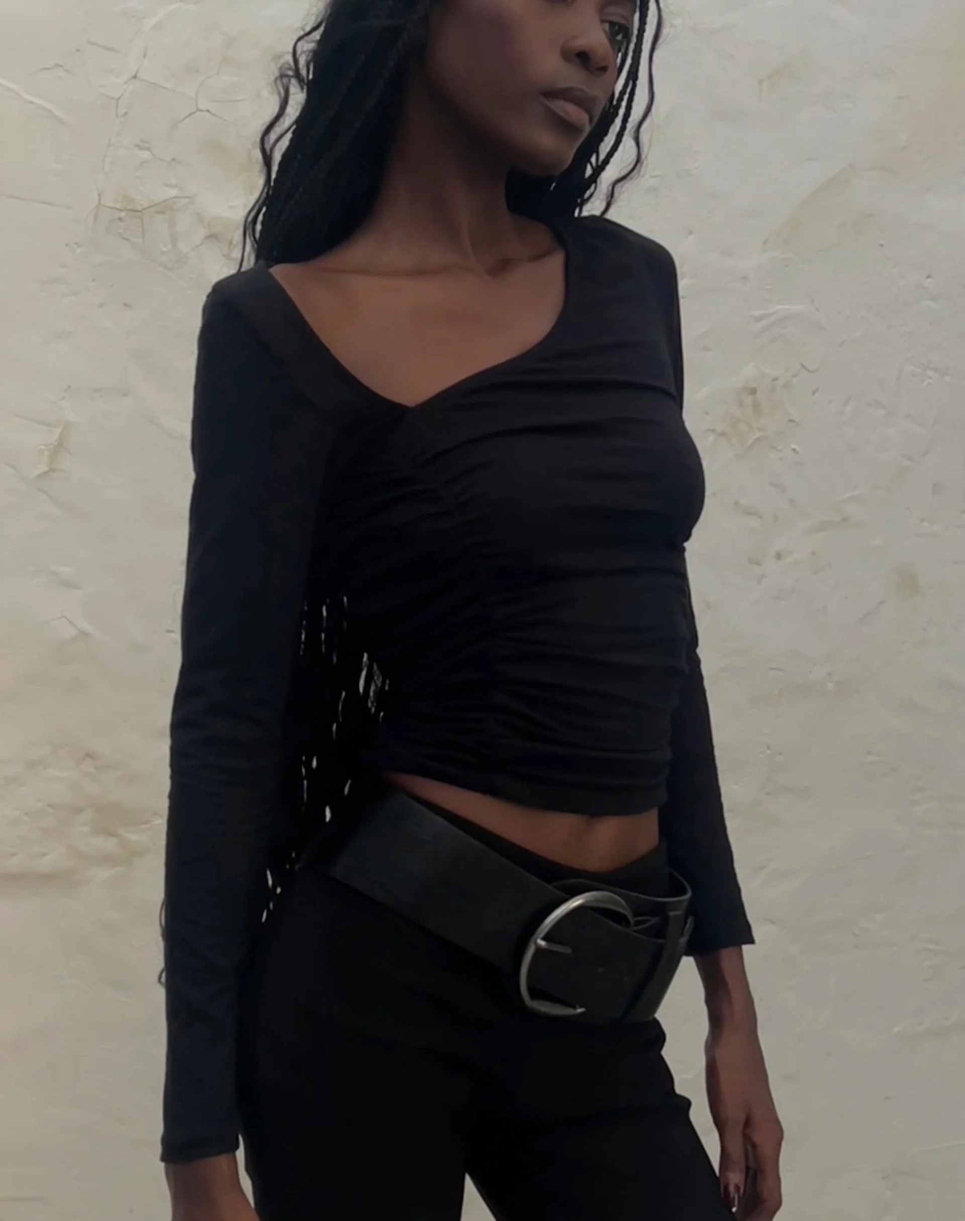 Sunbee Ruched Asymmetric Long Sleeve Top in Black - Awmao