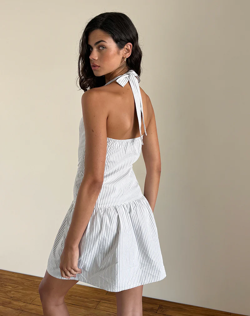 Panja Mini Dress in Small Stripe Vertical Grey - Awmao