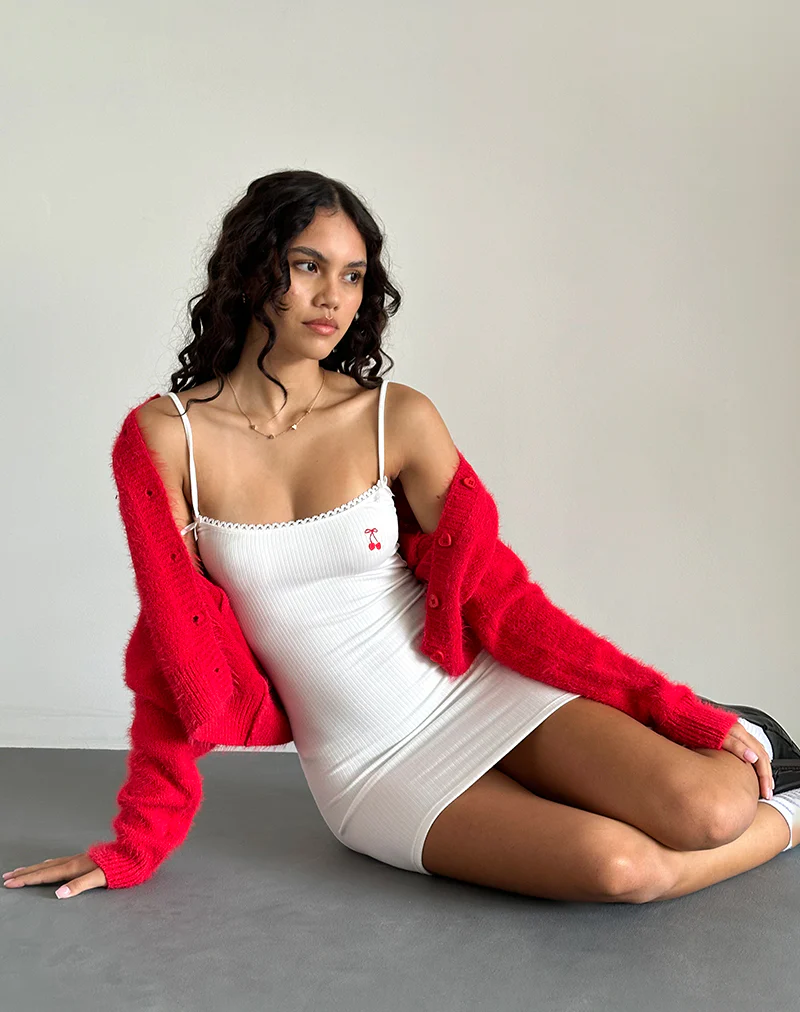 Sunali Mini Dress in Off White with Cherry Emb - Awmao