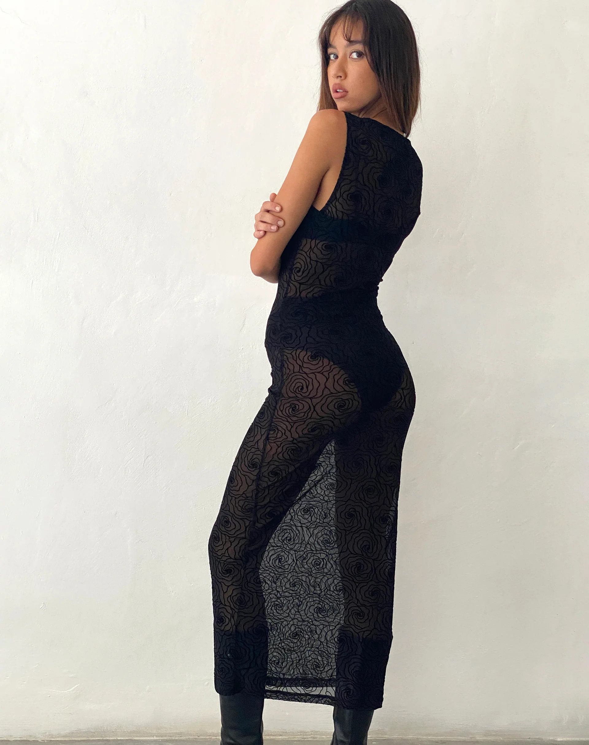 Florian Unlined Midi Dress in Black Abstract Flower Flock - Awmao