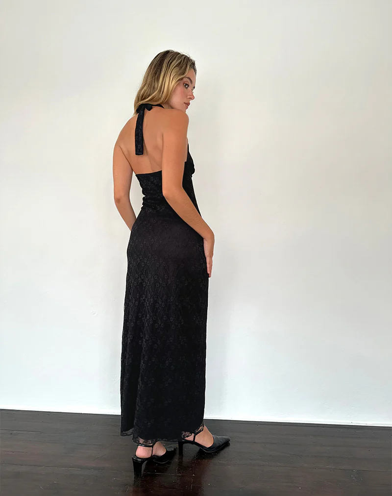 Atma Halterneck Maxi Dress in Canina Lace Black - Awmao