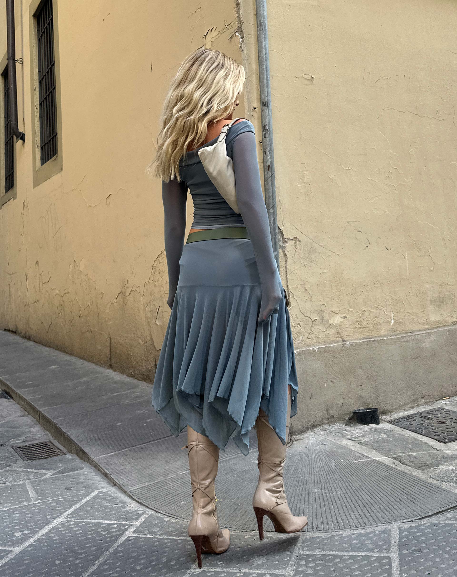 Jovali Low Waist Midi Skirt in Blue Grey Mesh - Awmao