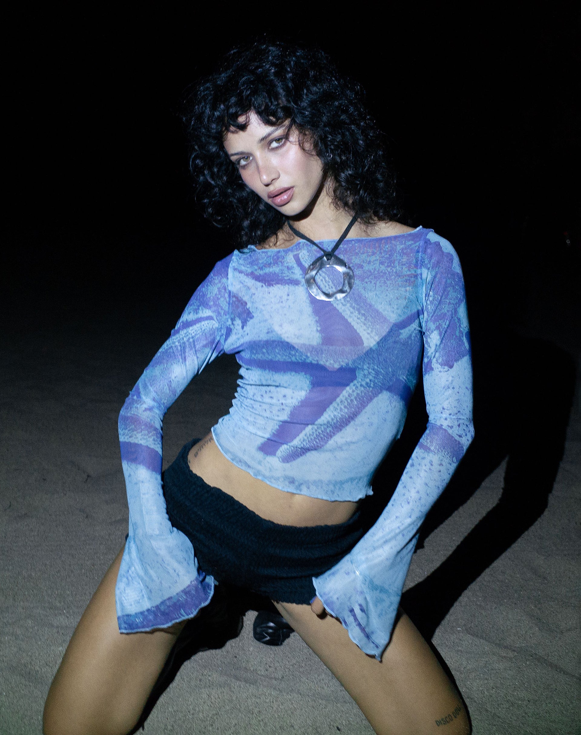 Anchi Mesh Long Sleeve Top in Blue Starfish Photoprint - Awmao