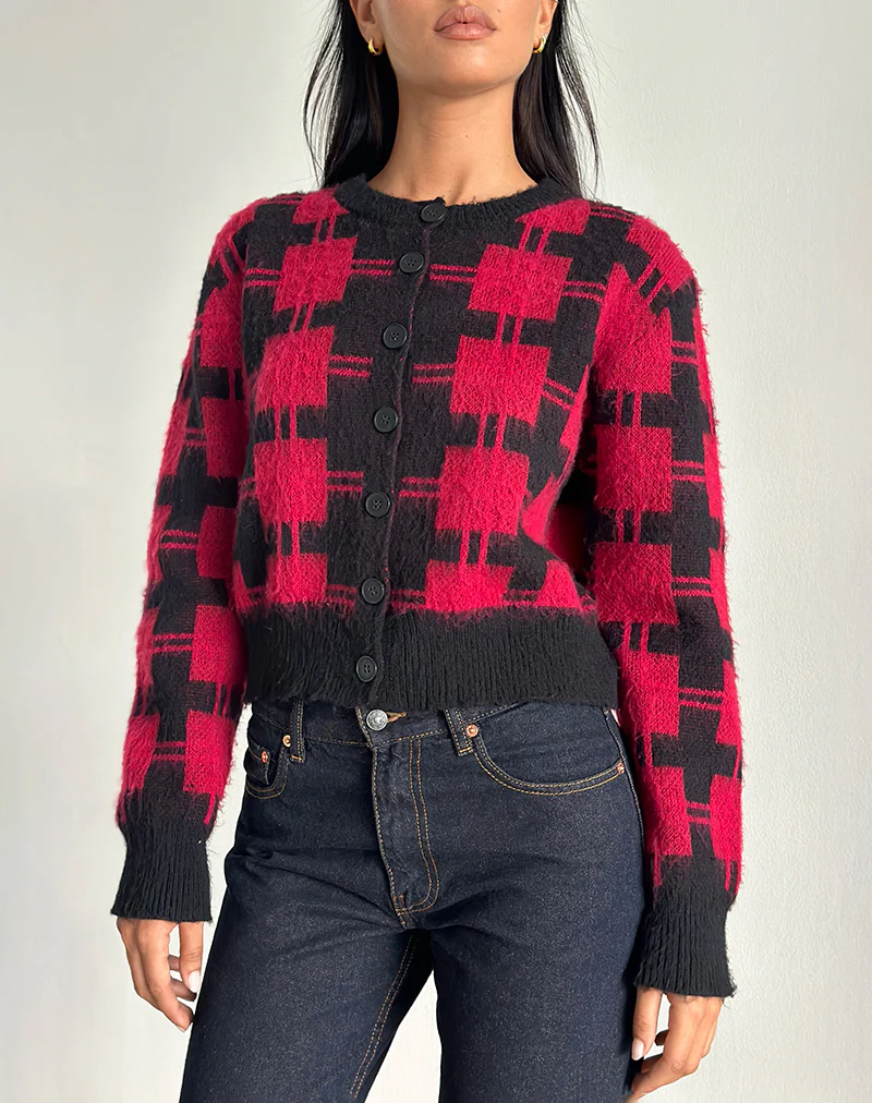 Anzio Cardigan in Black and Red Check Knit - Awmao